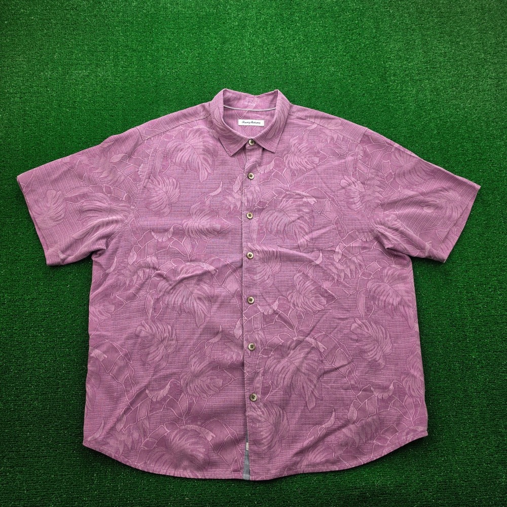 Tommy Bahama Shirt Mens 1XLB Magenta Purple Silk Hawaiian Tropical Palm Leaf